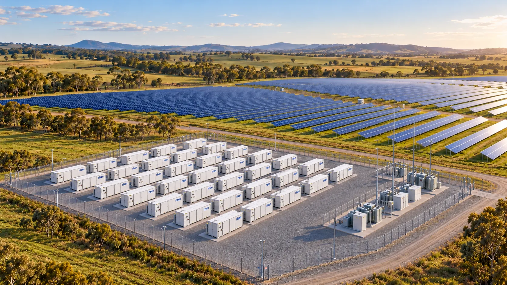 Concept illustration of the Yarranlea battery retrofit: rows of white battery containers and a substation inside a fenced compound, beside the existing solar farm, with paddocks, gum trees and low hills behind.
