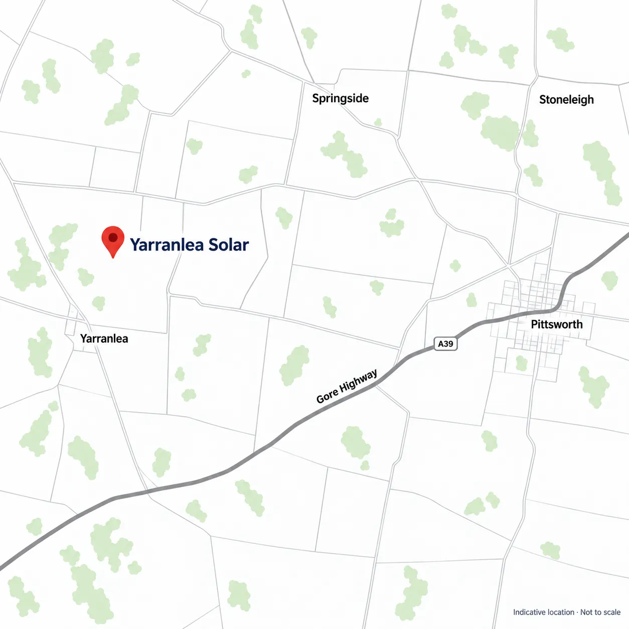 Map of the area west of Pittsworth. Yarranlea Solar is marked just north-east of Yarranlea and north of the Gore Highway (A39), with Pittsworth to the east and Springside and Stoneleigh to the north-east.