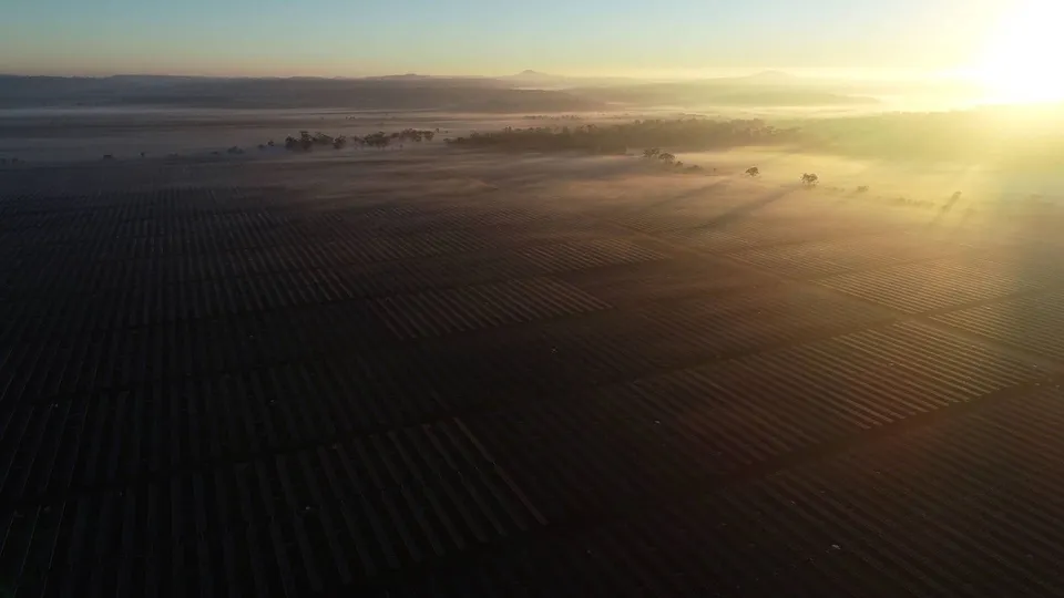 Aerial view of Yarranlea Solar Farm at sunrise, with mist over the paddocks beyond the panels.